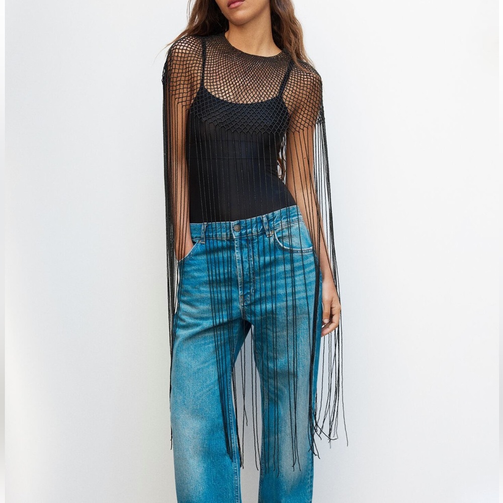 Zara BEADED FRINGED TOP OS